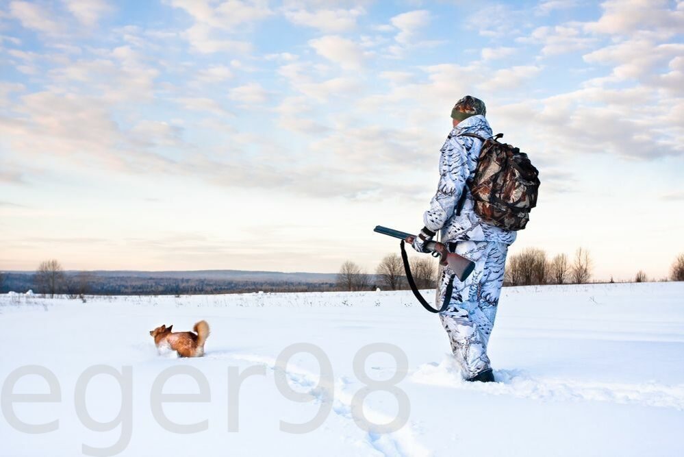 Охотник и собака зимой